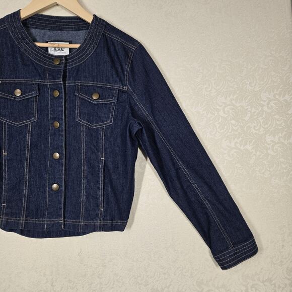 VTG Live A Little Denim Jacket sz L Blue Snap Front Pockets Fitted Top Stitched - Picture 9 of 16